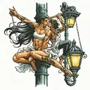 couple pole dancing on streetlight  tattoo design idea