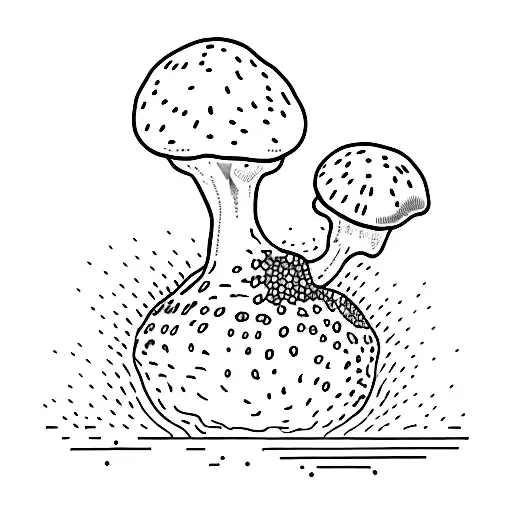 An Amanita Muscaria mushroom growing from a bonsai tree, with the DNA structure wrapping around them tattoo design idea