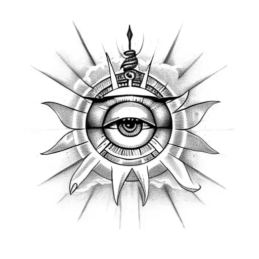 The Eye of Horus surrounded by the number 8 and the Earth, with the Trident of Shiva piercing through tattoo design idea