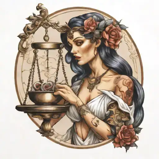 fantasy woman hold scales of justice tattoo design idea