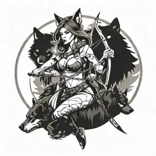 A fierce huntress with a bow and arrow, surrounded by a pack of wolves tattoo design idea