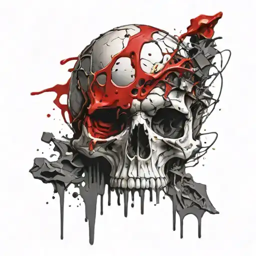A melting skull with a realistic eye in the forehead looking straight ahead, cracks and blood tattoo design idea