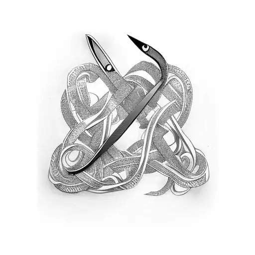 A pair of elegant scissors intertwined with a barber pole tattoo design idea
