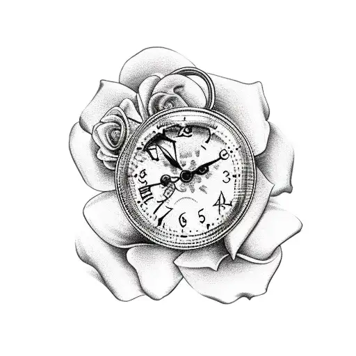clock with roses tattoo design idea