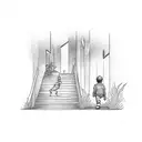 boy walking down the stairs with a flashlight tattoo design idea