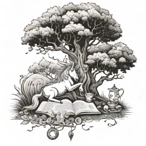 A majestic unicorn reading a book under a tree, with a teapot and cups scattered around tattoo design idea
