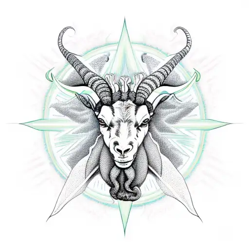 a satananic goat with 4 eyes,  a sun in background, occult symbolism surrounded by flames tattoo design idea