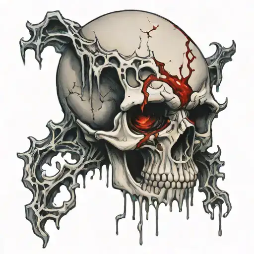 A melting skull with a realistic eye in the forehead looking straight ahead, cracks and blood tattoo design idea