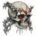 A melting skull with a realistic eye in the forehead looking straight ahead, cracks and blood tattoo design idea