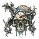 A melting skull with a realistic eye in the forehead looking straight ahead, cracks and blood tattoo design idea