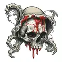 A melting skull with a realistic eye in the forehead looking straight ahead, cracks and blood tattoo design idea