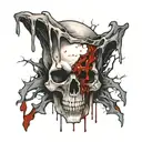 A melting skull with a realistic eye in the forehead looking straight ahead, cracks and blood tattoo design idea