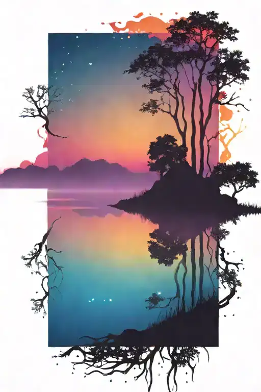 dark silhouette landscape and water over a colorful bright sunset galaxy background  tattoo design idea