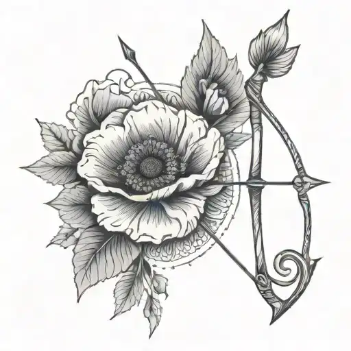 bow and arrows with poppy flower surrounded tattoo design idea
