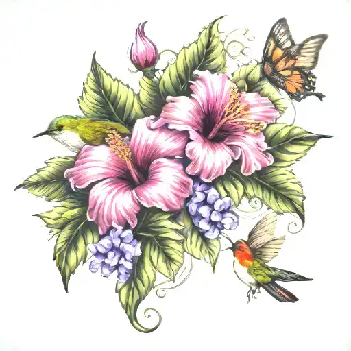 hibiscus flowers with butterflies and hummingbird  tattoo design idea