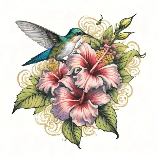 hibiscus flowers and a hummingbird   tattoo design idea