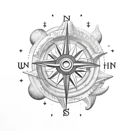 Mountain , sea , sun , compass tattoo design idea