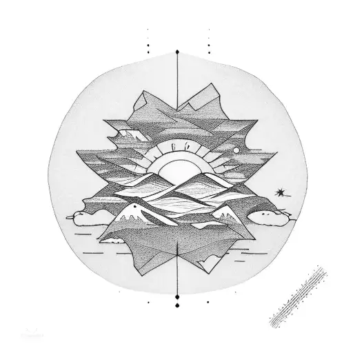 Mountain , sea , sun tattoo design idea
