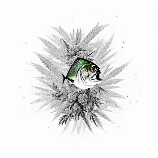 bass fish surrounded in bouquet of marijuana plants. tattoo design idea