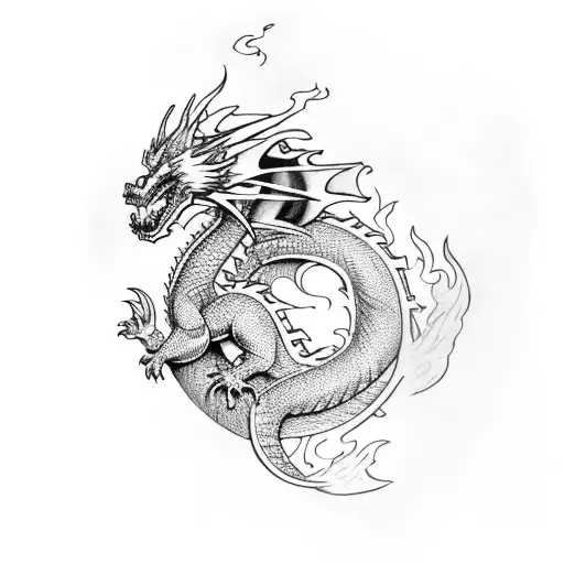 Dragon spitting Fire with a Knight in Front tattoo design idea