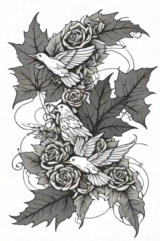 map outline, rose, maple leaf, doves tattoo design idea