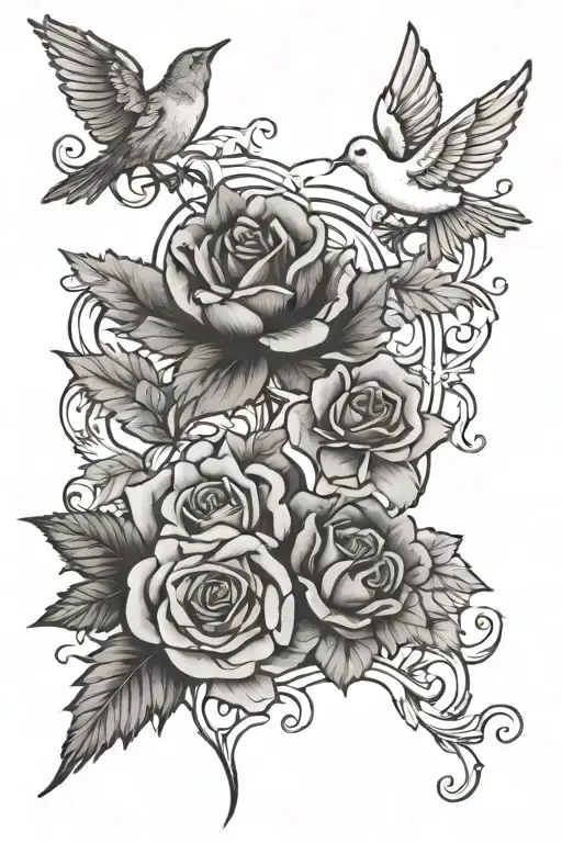 map, rose, maple leaf, doves tattoo design idea
