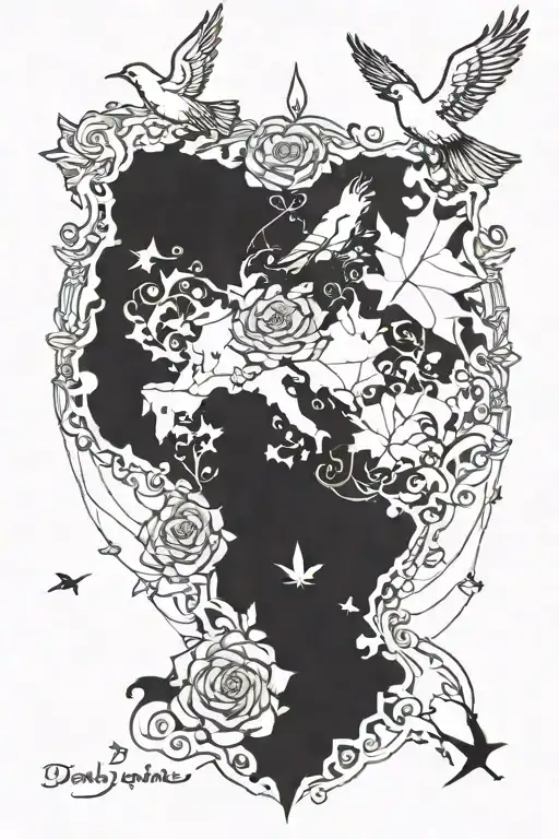 rose, maple leaf, map, doves flying tattoo design idea