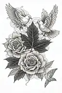 map, rose, maple leaf, doves tattoo design idea