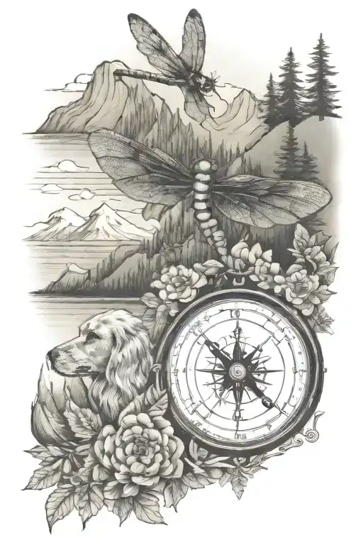 Dragonfly, compass, cocker spaniel, mountain lake scene, bingo ball tattoo design idea