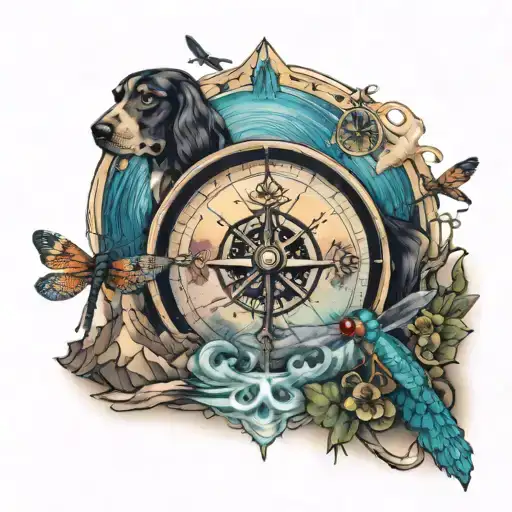 compass, 3 dragonflies, water mountain scene, cocker spaniel tattoo design idea