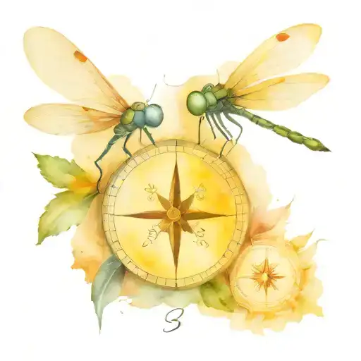 compass, 3 dragonflies, water, mountains tattoo design idea