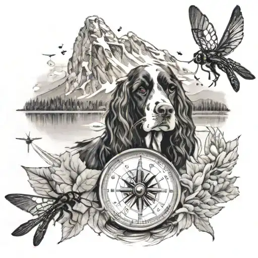 a compass, black and white cocker spaniel, 3 dragonflies, mountain water scene tattoo design idea