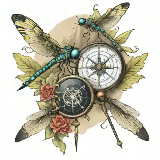 compass 3 dragonflies water mountains tattoo design idea