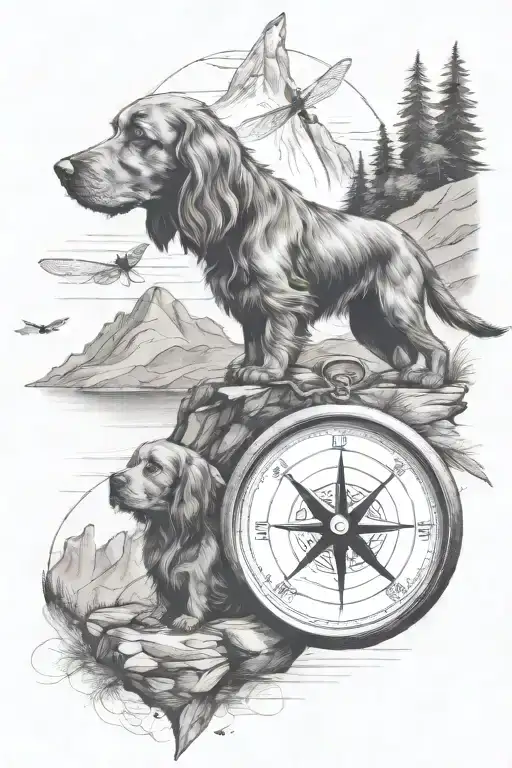 compass, mountain water scene, cocker spaniel, 3 dragonflies tattoo design idea