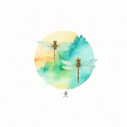 compass 3 dragonflies water mountains tattoo design idea