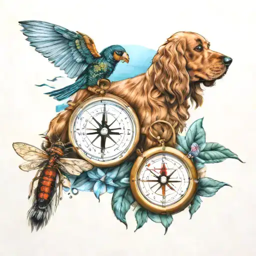 compass, water mountain scene, cocker spaniel, 3 dragonflies tattoo design idea