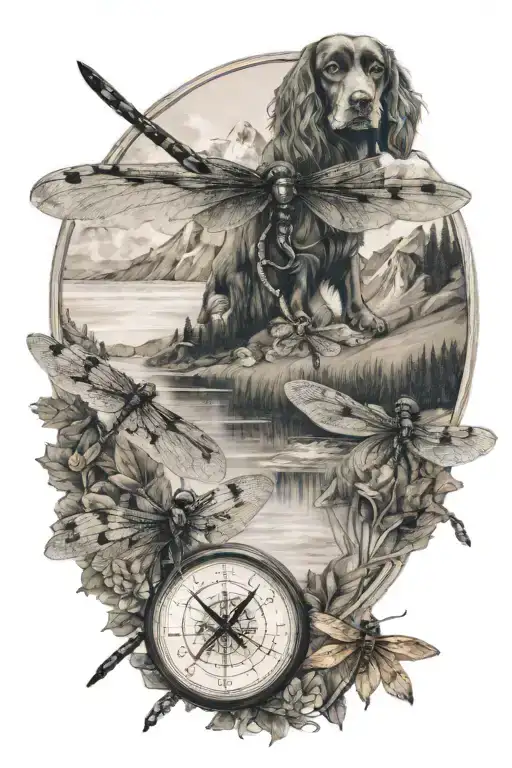 3 dragonfly, cocker spaniel, mountain lake scene, compass tattoo design idea