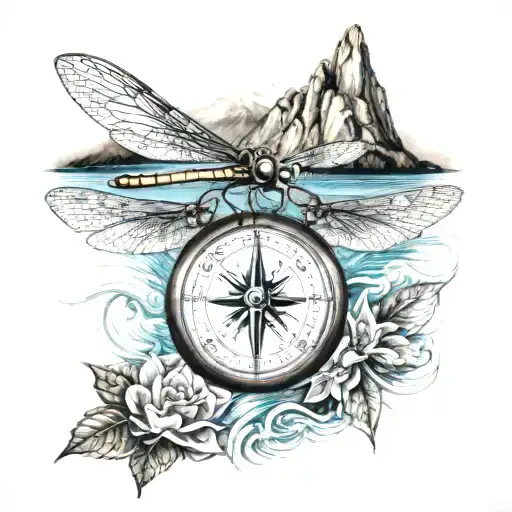 a compass, 3 dragonflies, mountain water scene tattoo design idea
