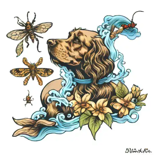 compas, water mountain scene, cocker spaniel, 3 dragon flies tattoo design idea