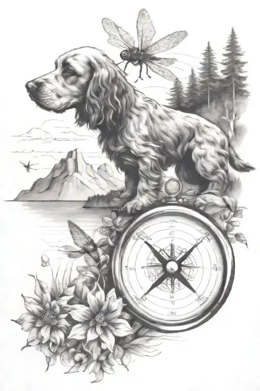 compass, mountain water scene, cocker spaniel, 3 dragonflies tattoo design idea