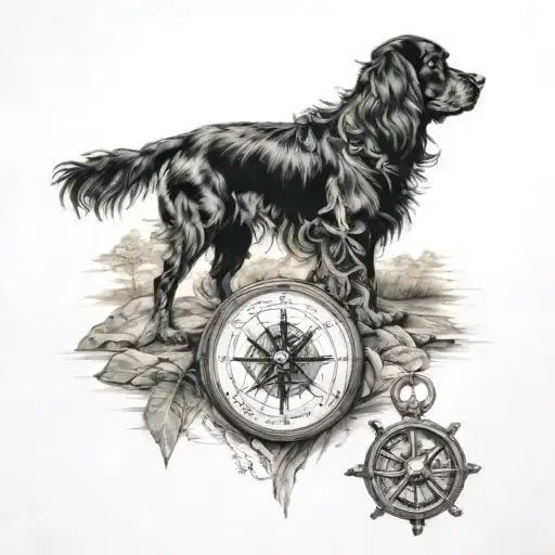 compass, water mountain scene, cocker spaniel, 3 dragonflies tattoo design idea