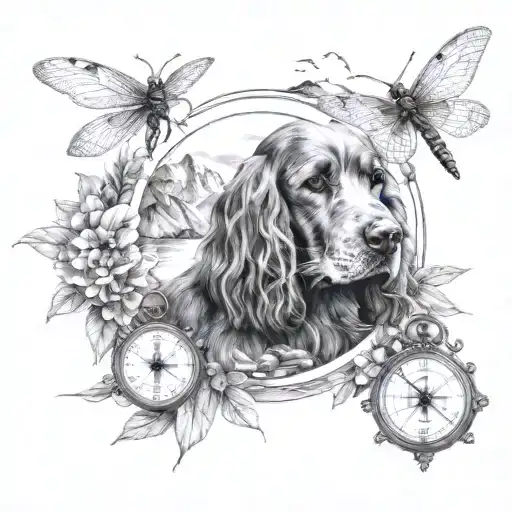 a compass, cocker spaniel, 3 dragonflies, mountain water scene tattoo design idea