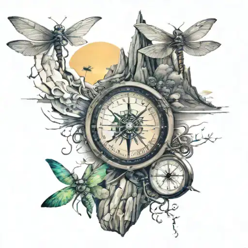 a compass, 3 dragonflies, mountain water scene tattoo design idea