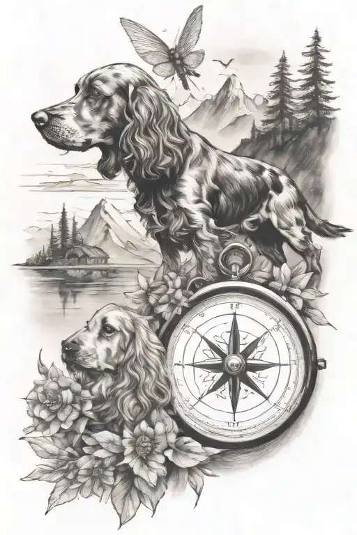 compass, mountain water scene, cocker spaniel, 3 dragonflies tattoo design idea