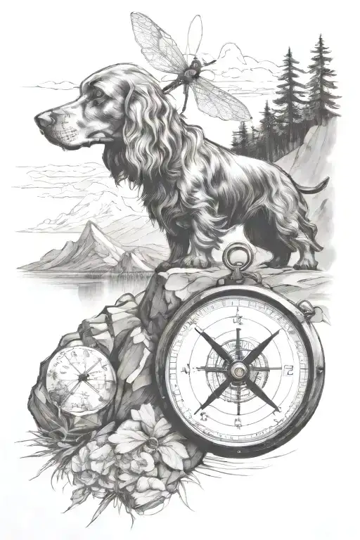 compass, mountain water scene, cocker spaniel, 3 dragonflies tattoo design idea