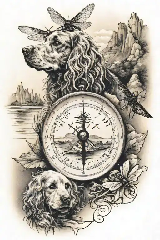 compass, mountain water scene, cocker spaniel, 3 dragonflies tattoo design idea