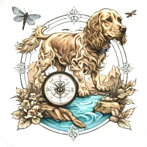 a compass, cocker spaniel, 3 dragonflies, mountain water scene tattoo design idea