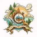 a compass, scooby doo, snoopy, mountain water scene tattoo design idea