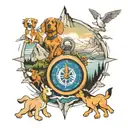 a compass, scooby doo, snoopy, mountain water scene tattoo design idea