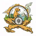 a compass, scooby doo, snoopy, mountain water scene tattoo design idea